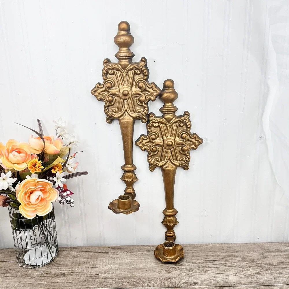 Vintage Hoda Gilt Wall Sconce Pair | 16" Ornate Gold Taper Candle Holders